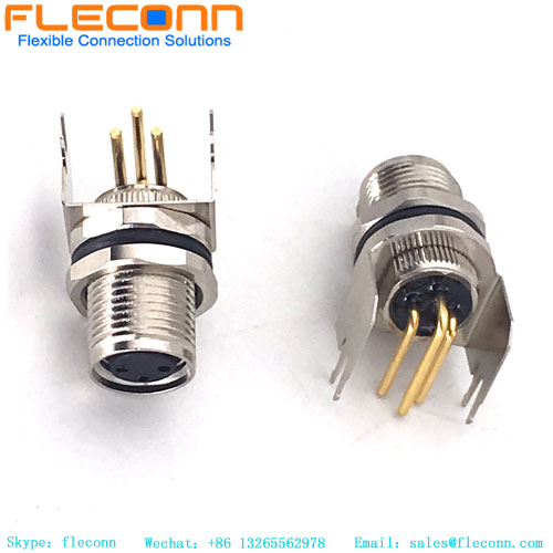 Connettore per montaggio a pannello PCB femmina M8 a 3 pin, pin ad angolo retto di 90 gradi